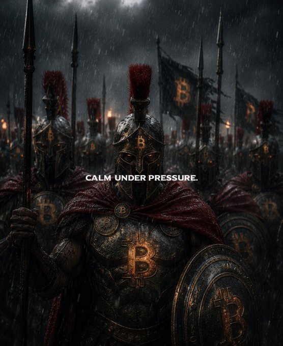 A dark, dramatic image of armored knights with Bitcoin symbols on their armor and banners, with the text 'CALM UNDER PRESSURE.'
