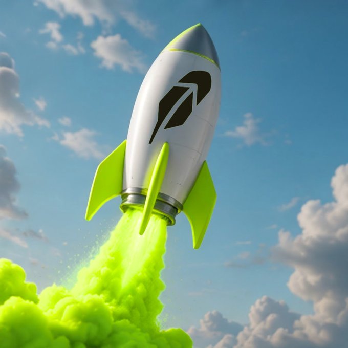 A sleek white and lime-green rocket blasts through a blue, cloud-filled sky, leaving behind a trail of bright green exhaust—visually reinforcing the post's hint at explosive upward momentum for Robinhood-themed memecoins.