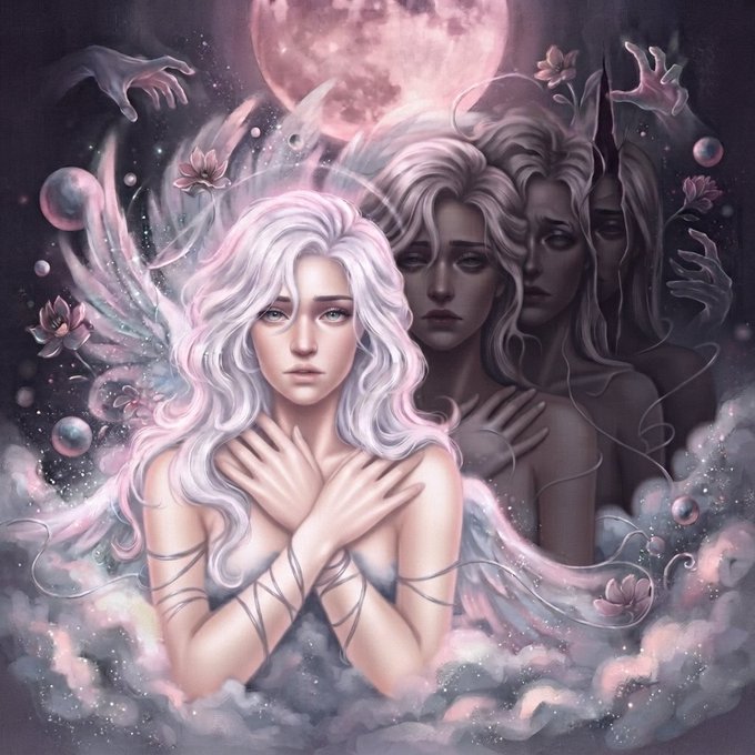 A fantasy digital artwork depicting a woman with long flowing silver-white hair crossing her arms over her chest, surrounded by ethereal shadowy figures, lotus flowers, and a large pink moon against a cosmic background.