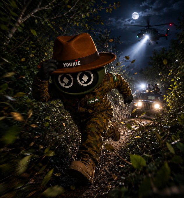 A stylized 3D-rendered character with a round face wearing a brown fedora hat labeled 'YOUKIE' and camouflage outfit, running through a forest at night being chased by a helicopter and vehicle with headlights.