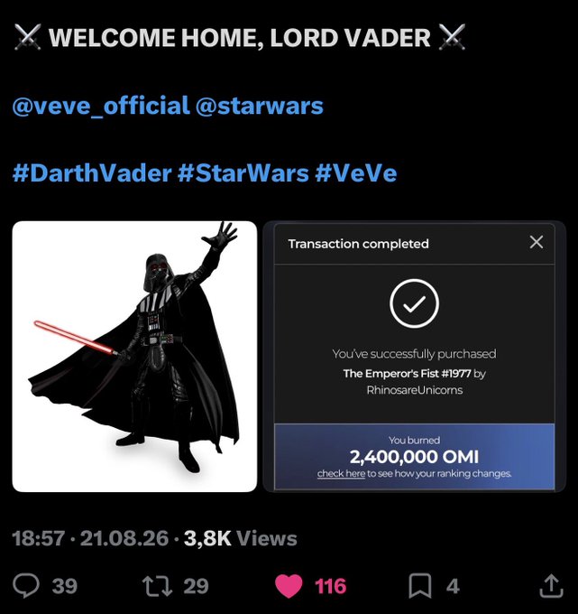 A social media post celebrates a completed VeVe NFT purchase of "The Emperor's Fist #1977" by RhinosareUnicorns featuring a Darth Vader image, with the transaction showing 2,400,000 OMI burned. The accompanying commentary expresses admiration for the buyer's conviction, noting a 120,000,000 $OMI figure and predicting the token's value will double.