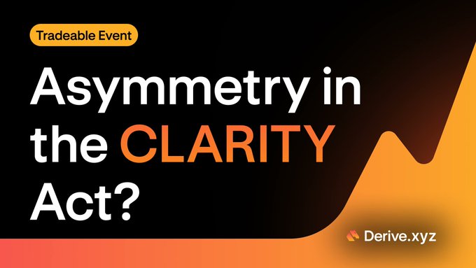 A promotional graphic from Derive.xyz titled "Asymmetry in the CLARITY Act?" tagged as a "Tradeable Event," visually highlighting the legislative uncertainty as a potential options trading opportunity with an orange line graph against a dark background.