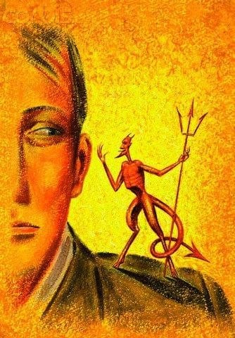 Artwork featuring a young man's face in the foreground with a small red devil figure holding a pitchfork perched on his shoulder, set against a textured yellow-orange background.