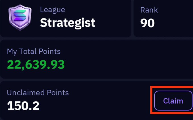 A digital dashboard showing a 'Strategist' league rank of 90, with total points of 22,639.93 and 150.2 unclaimed points next to a 'Claim' button highlighted in red.