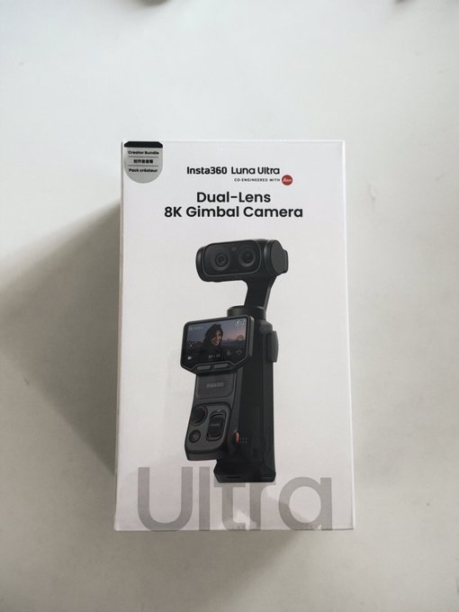 An Insta360 Luna Ultra box featuring a dual-lens 8K gimbal camera, co-engineered with Leica.
