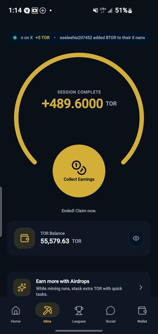 A smartphone screenshot of the 'Mine' page of a cryptocurrency app displays a 'Session Complete' message with earnings of +489.6000 TOR and a total balance of 55,579.63 TOR.