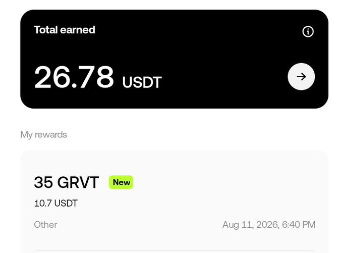 A mobile app screen displaying "Total earned" of "26.78 USDT" and "My rewards" including "35 GRVT" valued at 10.7 USDT from August 11, 2026.