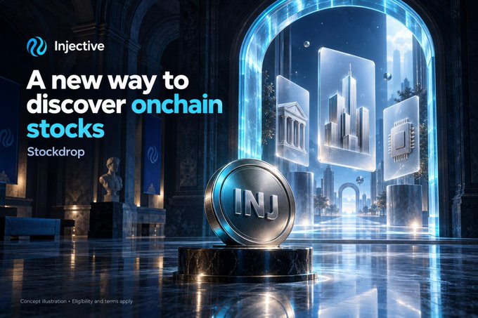 An Injective cryptocurrency ad titled 'Stockdrop' promoting 'A new way to discover onchain stocks,' featuring a large INJ coin and holographic stock icons.