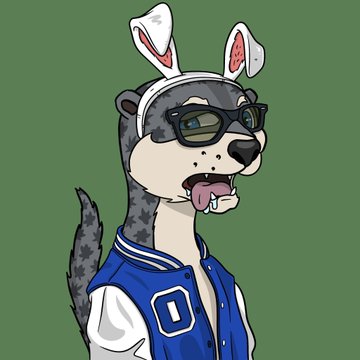 A cartoon husky character wearing bunny ears, glasses, and a blue varsity jacket with the number '0' on it.