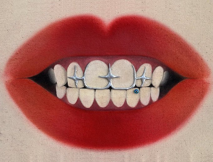 A stylized airbrush painting of bright red lips parted to reveal teeth adorned with silver grills featuring star-shaped designs.