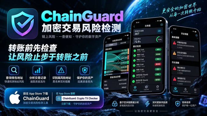 A promotional advertisement for 'ChainGuard' (加密交易风险检测), a crypto transaction risk detection app, showing mobile app screens with Chinese text including '转账前先检查' and app store download information.