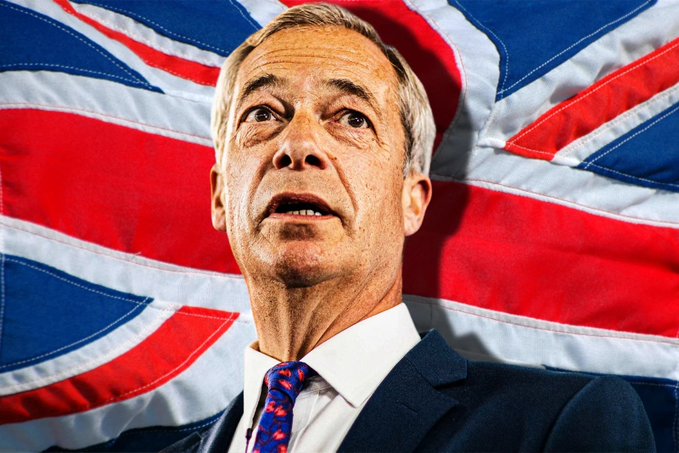 A man in a dark suit and red patterned tie stands before a draped Union Jack flag, looking upward with a serious expression. The image relates to the post about UK proposals to ban crypto donations to political parties, as the man appears to be Nigel Farage, whose Reform UK party received £19 million from crypto-linked donors, prompting the proposed legislation.