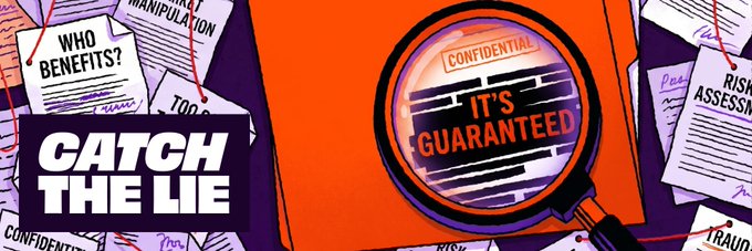 A bold orange and purple graphic features a magnifying glass examining a document stamped "CONFIDENTIAL" with the text "IT'S GUARANTEED," alongside scattered papers labeled "WHO BENEFITS?," "MARKET MANIPULATION," "RISK ASSESSMENT," and "FRAUD," with the phrase "CATCH THE LIE" prominently displayed, visually reinforcing the post's theme of questioning dubious Web3 claims and spotting falsehoods.