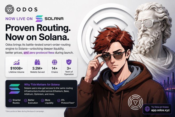 The image features a poster for @odosprotocol's new protocol, Solana, which is being promoted as a game-changer in the cryptocurrency world. The poster includes a man wearing sunglasses and a brown hoodie with his hand on his face, giving him a serious expression. The text on the poster highlights that this isn't just another protocol but rather a game-changing innovation backed by blockchain technology. It also mentions that traders can access infrastructure that has already been tested across Ethereum, Base, and Arbitrum, which is an exciting development for those interested in cryptocurrency trading.