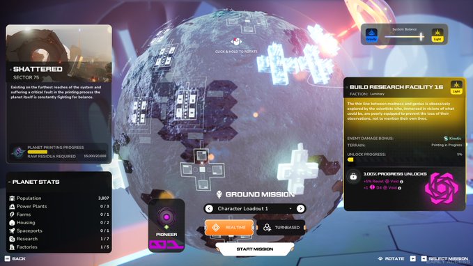 A video game UI showing a planet management screen with mission options including "SHATTERED" in Sector 75, "BUILD RESEARCH FACILITY 1B" offering 5% Kinetic damage bonus, and "GROUND MISSION" Character Loadout 1 with 1,000% progress unlocked for taking out Termi.