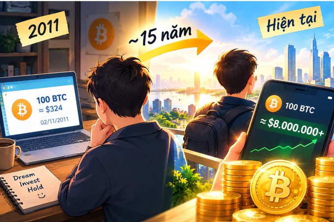 An illustrated comparison showing 100 BTC bought in 2011 for ~$324 versus 100 BTC held until today valued at $8,000,000+, with Vietnamese text indicating '15 years' and 'now'.