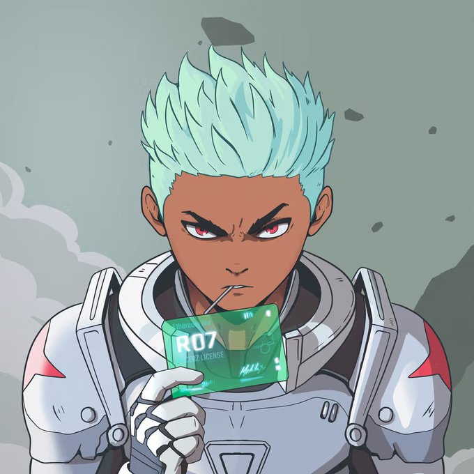 A cyberpunk-style cartoon character with spiky turquoise hair and red eyes, wearing futuristic armor, drinks from a juice box labeled "R07 LICENSE" through a straw. The "R07" on the carton appears to reference the Racerz NFT collection mentioned in the post, serving as a playful nod to the user's new acquisition.