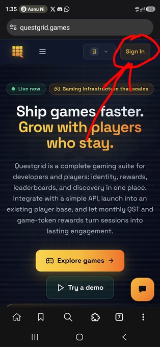 A mobile screenshot of the QuestGrid website homepage, showing the "Ship games faster. Grow with players who stay." landing page with a red arrow pointing to the "Sign In" button, indicating the first step to join the QuestGrid airdrop and earn free rewards.