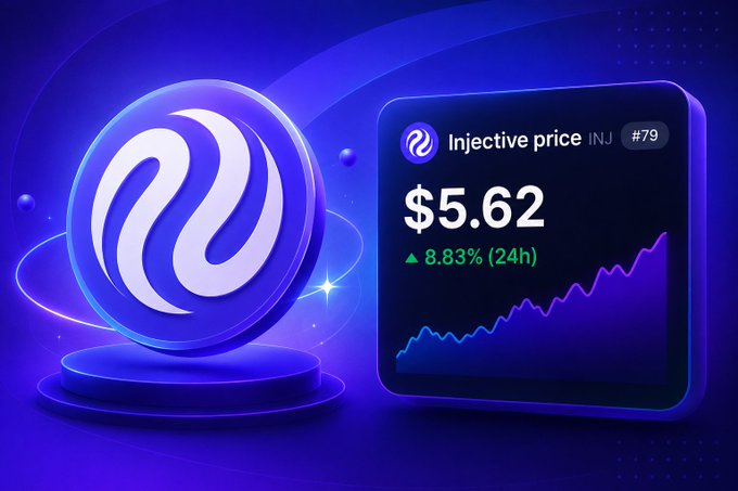 The image features a coin with a white swirl design and the number 5.62 displayed next to it. The background of the image is dark blue, and there are two posts related to cryptocurrency. One post displays an INJ coin price chart that shows a downward trend in value over time, while the other post provides information about the coin's history and mentions its survival amidst market fluctuations.
