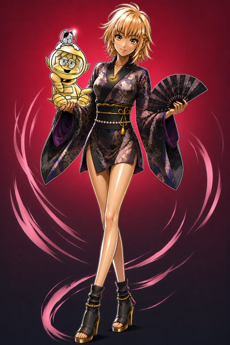 An anime-style illustration of a blonde female character in a floral kimono holding a fan and a small mascot figure, set against a red background.