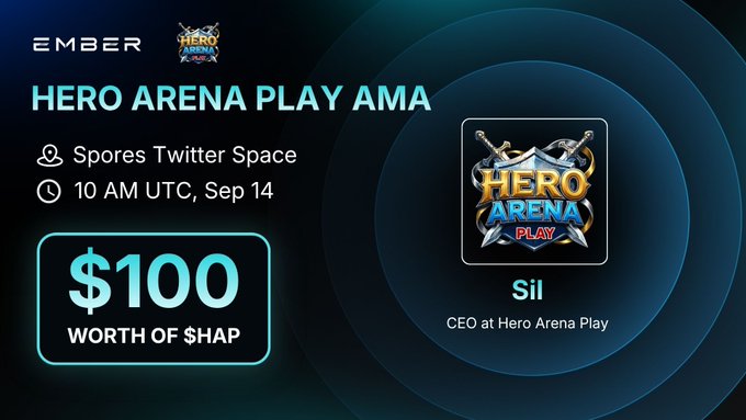 The image is a promotional graphic for the "HERO ARENA PLAY AMA" hosted by Ember, scheduled for 10 AM UTC on Sep 14 via Spores Twitter Space, featuring Sil (CEO of Hero Arena Play) and offering $100 worth of $HAP as a reward. The visual reinforces the announcement with the Hero Arena Play logo, event details, and the guest speaker's name.