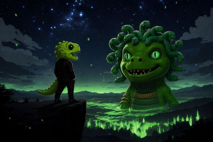 A fantastical night scene featuring a character with a yellow reptilian head in a suit standing on a cliff, facing a giant green Medusa-like creature with snakes for hair emerging from a glowing green landscape.