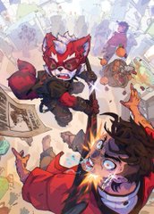 A vibrant, chaotic video game screenshot showing two characters with spiky red hair leaping forward amid falling papers and debris in a stylized action scene.