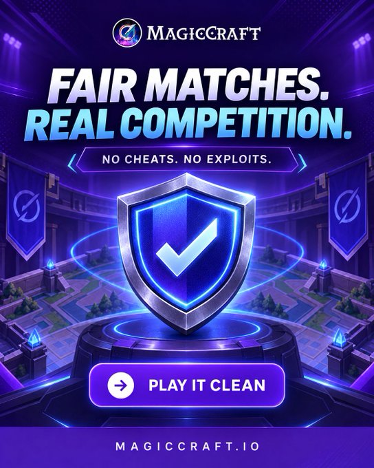 An advertisement for MagicCraft with the text 'FAIR MATCHES. REAL COMPETITION. NO CHEATS. NO EXPLOITS.' and a 'PLAY IT CLEAN' button at magiccraft.io.