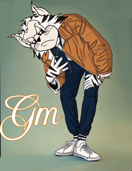 An anthropomorphic tiger character wearing a brown leather jacket, dark pants, and white sneakers poses with one hand raised, accompanied by the stylized cursive text 'Cjm' on a green background.