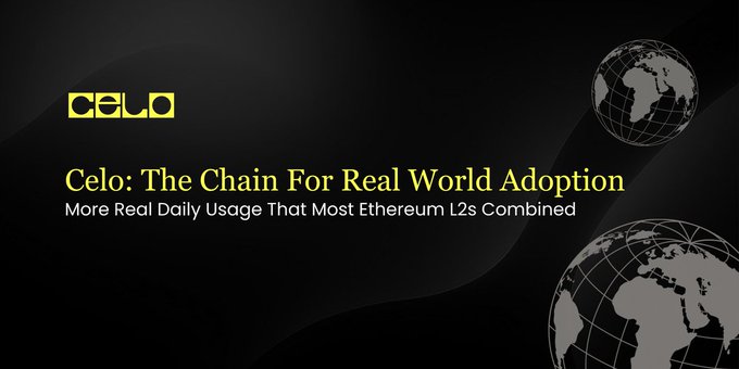 The image features a black background with two globes placed above it. The text "Celo" is written at the top of the image, followed by "The chain for real world adoption". Below this, there are two small circles representing the Earth and the moon. The caption below reads "Crypto spent years teaching people how to use wallets but @Celo quietly did the opposite and that tiny shift changed almost everything. Most projects forced users to learn new habits: seed phrases, gas fees, complex addresses, desktop-first flows."