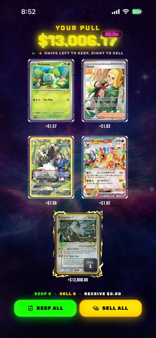A screenshot of a Pokémon TCG Pocket pull showing a "YOUR PULL" of $13,006.17 with 28.0x multiplier, featuring cards including Bulbasaur, Hau, Naganadel, and a holographic Spiral Raft worth $13,000.00. The "Insanity hasn't stopped Hit from last night" caption celebrates this extraordinary pull, with the standout Spiral Raft card driving the impressive total value.