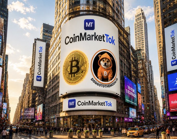 The image shows a large billboard for Bitcoin, with a dog wearing an orange hoodie standing next to it. The billboard also features logos for CoinMarketTok and Dogecoin. In front of the billboard, there are people walking on the sidewalk, some carrying backpacks or handbags. A car is parked nearby, and several traffic lights can be seen in the background.