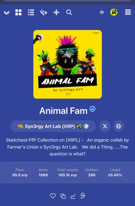 A mobile screenshot of the "Animal Fam" NFT collection page on the XRPL, created by Syn3rgy Art Lab (XRP), showing the collection has reached a 100.1k XRP total volume milestone across 1,589 items with 288 holders—celebrating the "100k in volume" achievement referenced in the post.
