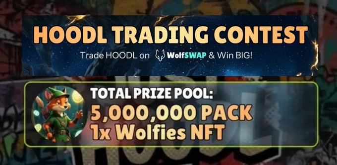 Promotional banner for 'HOODL TRADING CONTEST' on WolfSwap with a total prize pool of 5,000,000 PACK plus 1x Wolfies NFT, featuring a cartoon fox mascot.