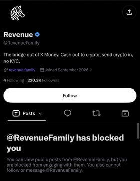 A Twitter/X profile page for @Revenue.family displaying 'Revenue Verified' with the bio 'The bridge out of X Money...' and a notification indicating '@RevenueFamily has blocked you'.