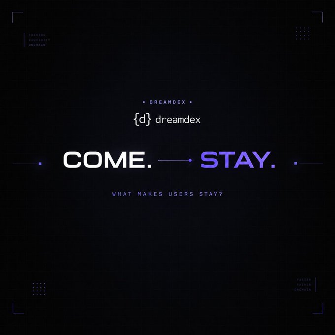 A dark-themed branding/poster design for 'dreamex' featuring the tagline 'COME. — STAY. — WHAT MAKES USERS STAY?' with technical UI accents in the corners.