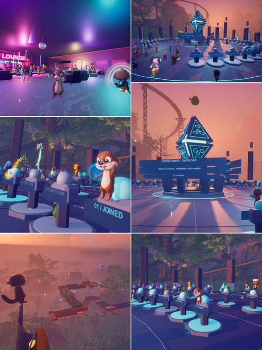 A collage of six screenshots from a virtual reality game featuring cartoon-style animal characters exploring a neon-lit amusement park or club setting with various interactive elements and platforms.