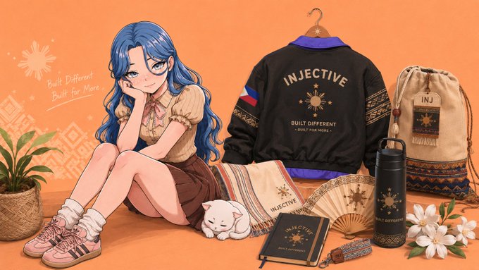 An anime-style illustration of a blue-haired girl surrounded by merchandise including a black jacket, drawstring bag, and accessories featuring the 'INJECTIVE' logo and 'Built Different - Built for More' tagline, with 'INJ' branding on a tag.