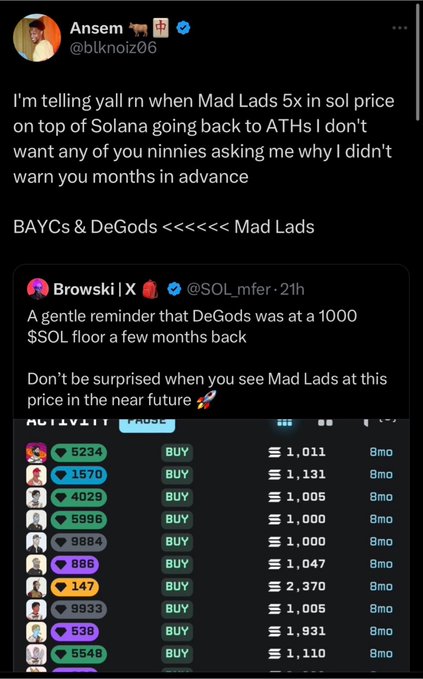 The image shows a tweet from @blknoiz06 (Ansem) predicting that Mad Lads will see a 5x price increase on Solana, referencing a quote tweet from @SOL_mfer noting that DeGods previously had a 1000 $SOL floor price with buy orders ranging from 1,000 to 2,370 SOL visible on MagicEden. The post relates to the broader narrative of NFT community evolution from BAYC to DeGods to Mad Lads, highlighted by "The Bullpen" season featuring Ansem.
