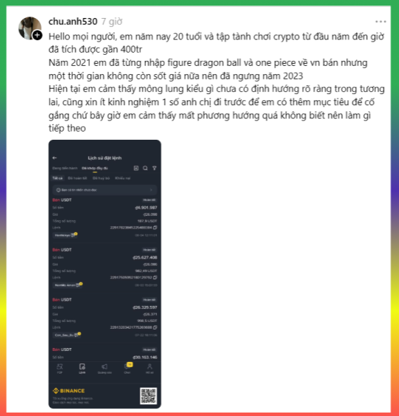 A Facebook post by user 'chu.anh530' in Vietnamese about accumulating 400 million from crypto trading, showing a Binance USDT history screenshot.