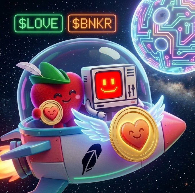A cute cartoon rocket ship carrying a smiling apple character with a feathered hat and a retro computer-monitor companion soars through a starry cosmos, accompanied by glowing "$LOVE" and "$BNKR" neon tickers in the top corners. A golden winged heart coin decorates the rocket's side, while a glowing planet in the background sets the scene for an intergalactic crypto adventure.