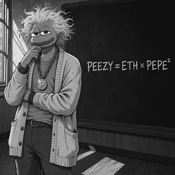 A black-and-white illustration of a Pepe the Frog character with wild white hair, wearing a cardigan and a 'P' medallion, standing in front of a chalkboard displaying the equation 'PEEZY = ETH × PEPE²'.