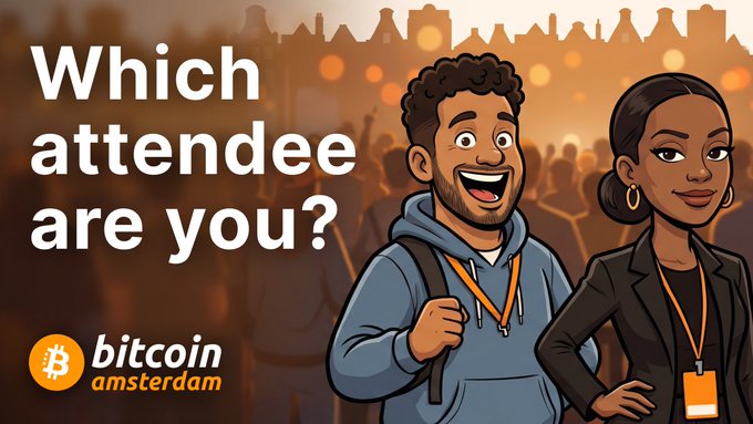A promotional graphic for 'Bitcoin Amsterdam' asking 'Which attendee are you?' featuring cartoon illustrations of a man in a hoodie and a woman in professional attire wearing lanyards.