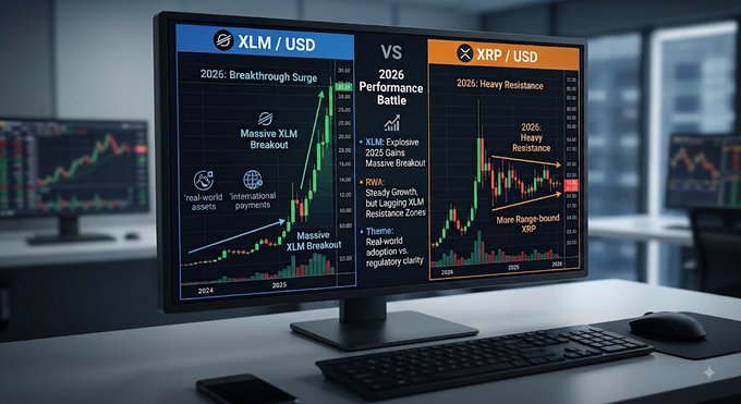 A computer monitor displays a financial chart comparing 'XLM/USD' and 'XRP/USD' labeled '2026 Performance Battle', with annotations like 'Massive XLM Breakout', '2026: Breakthrough Surge', and '2026: Heavy Resistance'.