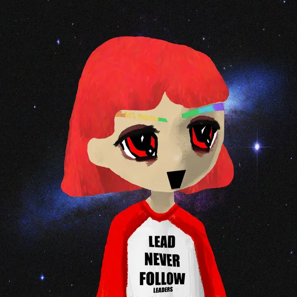 A digital cartoon avatar of a person with bright red hair, large red anime-style eyes, and rainbow eyebrows, wearing a red and white shirt that reads 'LEAD NEVER FOLLOW LEADERS' against a cosmic background.
