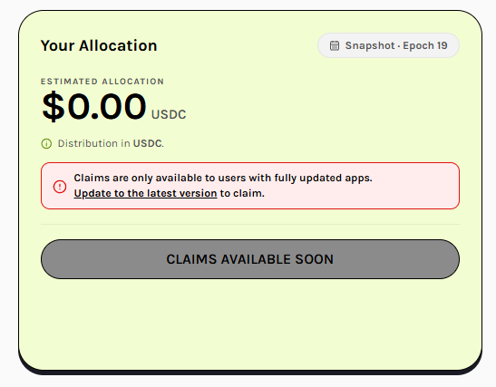 The image shows a Grass (Stage 2) "Your Allocation" dashboard displaying an estimated allocation of $0.00 USDC for Snapshot · Epoch 19, with a notice that claims require app updates and a disabled "CLAIMS AVAILABLE SOON" button. This visualizes the poet's melancholic theme of unfulfilled rewards, as the user's allocation of $0.00 mirrors the sorrowful lyrics about wilted roses, weeping fate, and unrequited passion, symbolizing love and effort that yielded no return.