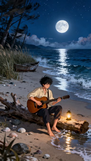 An anime-style illustration shows a young man with black hair playing an acoustic guitar on a moonlit beach, sitting near driftwood and a glowing lantern.