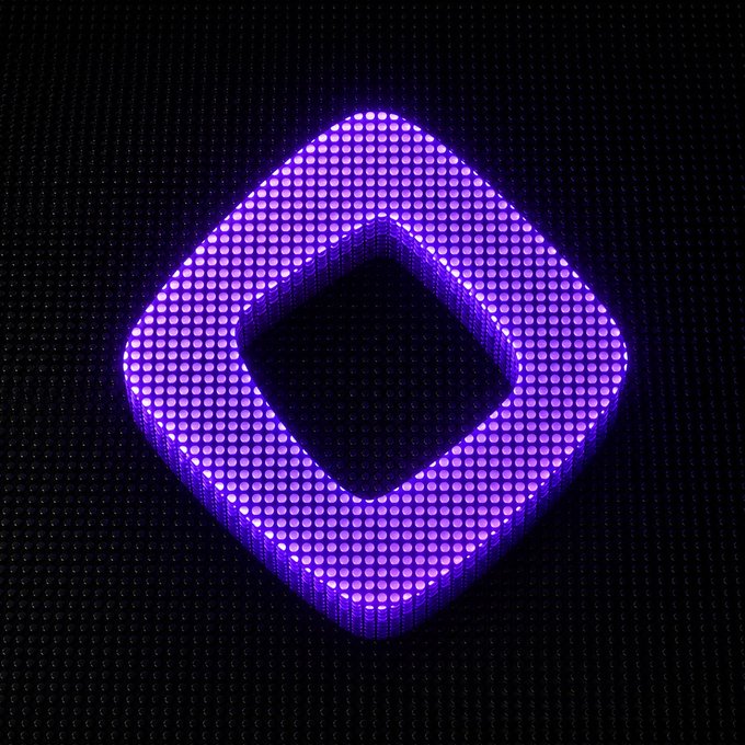A glowing purple and blue diamond-shaped LED light pattern displayed against a dark dotted background.