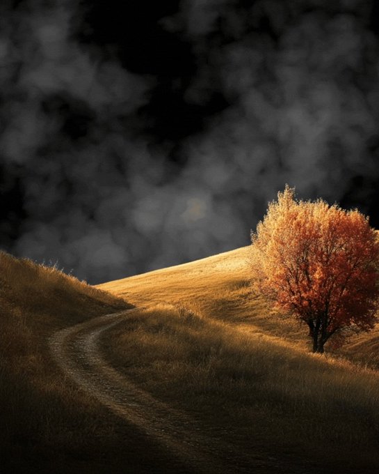 A dramatic landscape featuring a solitary tree with autumn-colored foliage standing on a golden grassy hill, with a winding dirt path leading toward it under a dark, cloudy sky.
