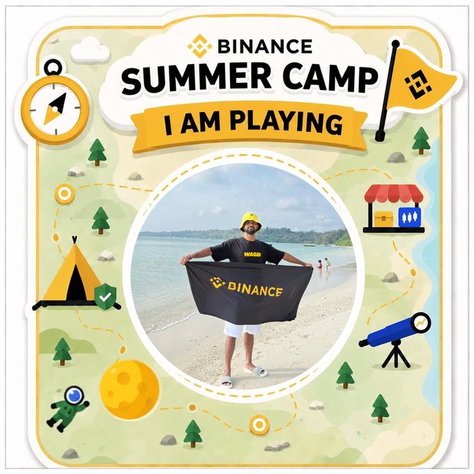 A promotional graphic for 'BINANCE SUMMER CAMP' featuring a man on a beach holding a black 'BINANCE' flag, surrounded by cartoon camping and exploration icons.
